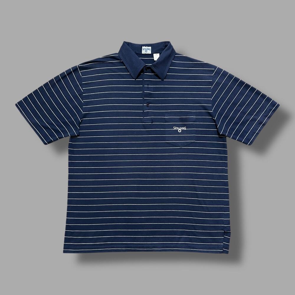 Vintage Spalding Polo Shirt Striped Short Sleeve Tennis Aesthetic XL Navy Blue